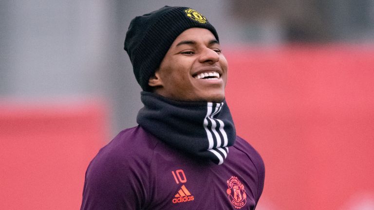 MANCHESTER, ENGLAND - DECEMBER 07: Marcus Rashford of Manchester United in action during a first team training session ahead of the UEFA Champions League Group H stage match between Manchester United and RB Leipzig at Red Bull Arena on December 07, 2020 in Manchester, England. (Photo by Ash Donelon/Manchester United via Getty Images)