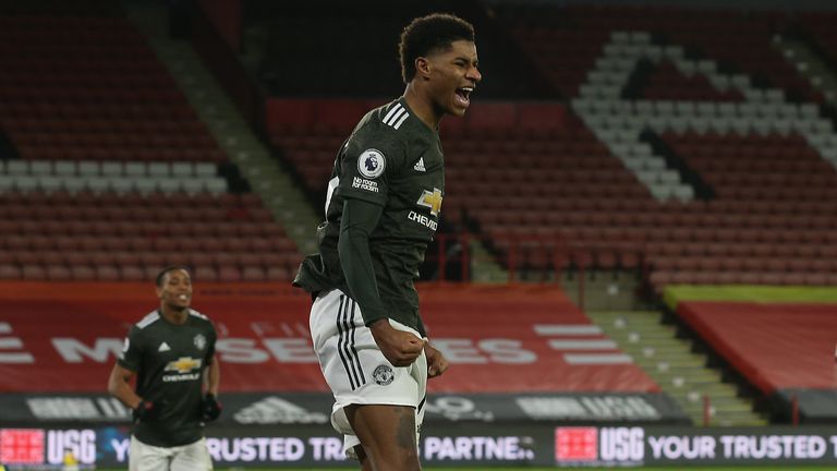 Rashford celebrates scoring against Sheff Utd