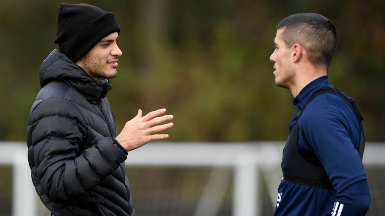 Raul Jimenez and Conor Coady meet as the Mexican returned to visit Wolves' training ground