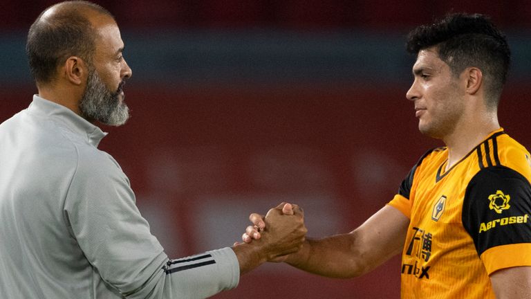  Wolverhampton Wanderers manager Nuno Espirito Santo greets his player Raul Jimenez