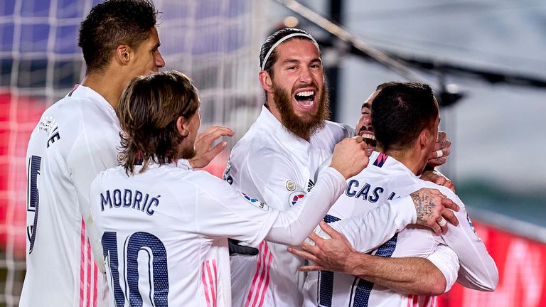 Real Madrid players celebrate during the much-needed victory                               