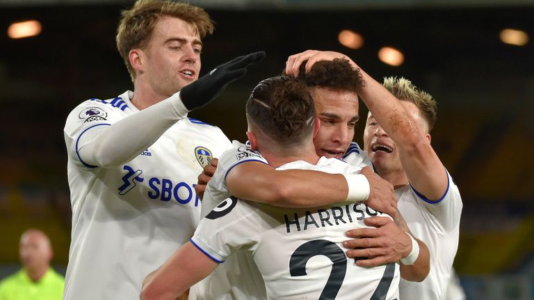 Rodrigo (center) of Leeds United celebrates his team's second goal of the game