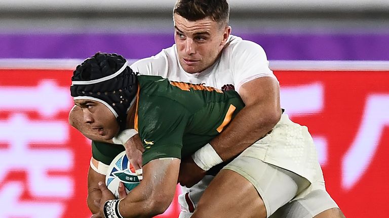 England fly-half George Ford tackles South Africa wing Cheslin Kolbe during the 2019 Rugby World Cup final