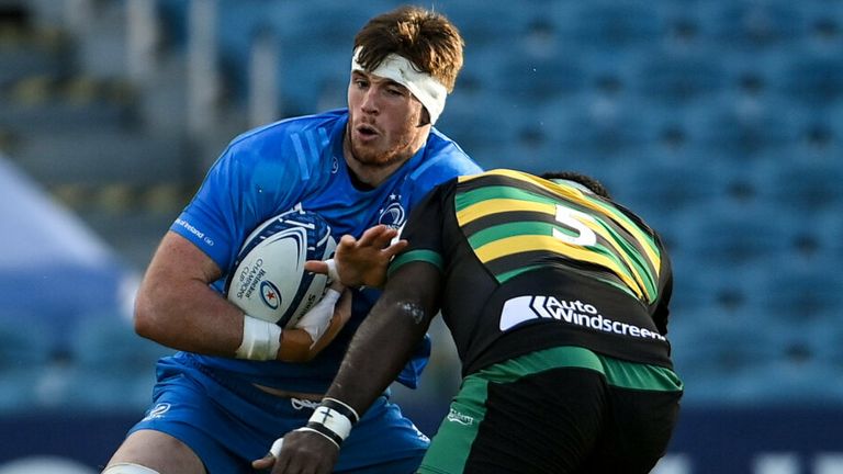 Ryan Baird is tackled by Sam Matavesi of Northampton Saints