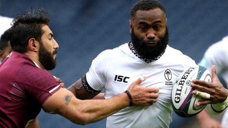 Fiji's Semi Radradra is tackled by Georgia's Giorgi Kveseladze during the Autumn Nations Cup