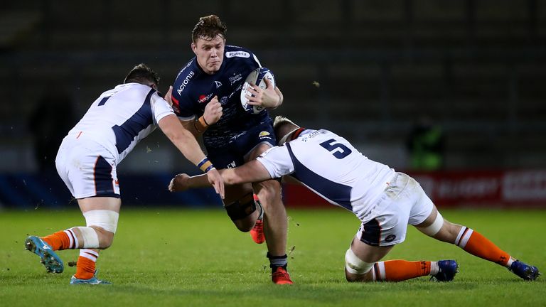 Sale's Cobus Wiese takes on the Edinburgh defence