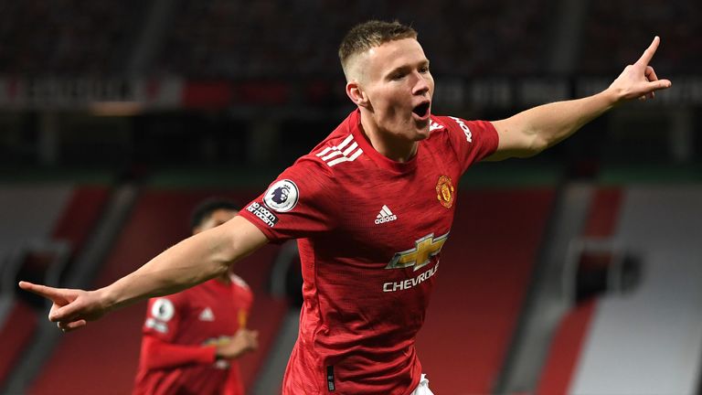 Scott McTominay celebrates after scoring his second of two early goals against Leeds