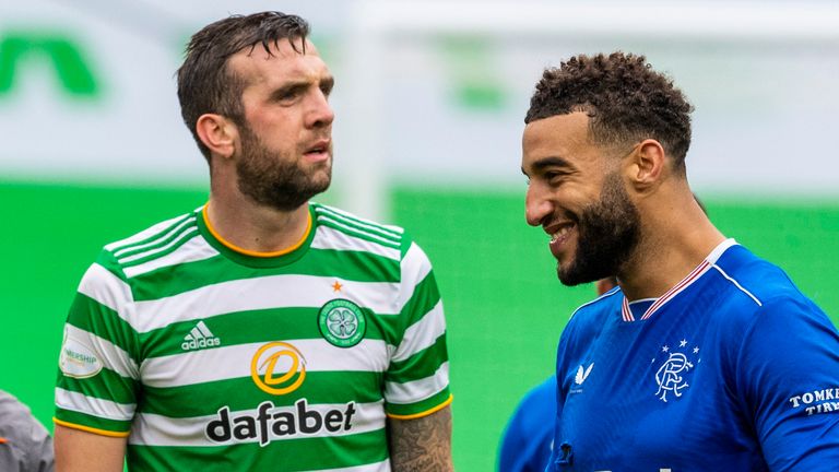 SNS - Rangers&#39; Connor Goldson (right) celebrates at full time as Celtic&#39;s Shane Duffy looks on during a Scottish Premiership match between Celtic and Rangers at Celtic Park