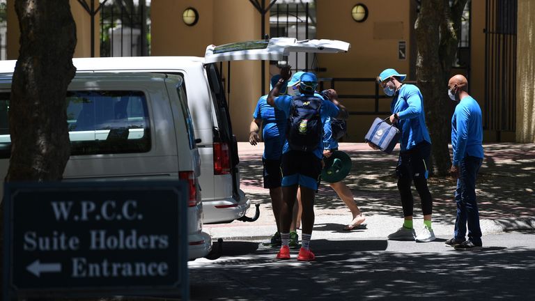 CAPE TOWN, SOUTH AFRICA - DECEMBER 04: South African backroom staff pack up after the postponement of the Ist One Day International between South Africa and England at Newlands Cricket Ground on December 04, 2020 in Cape Town, South Africa