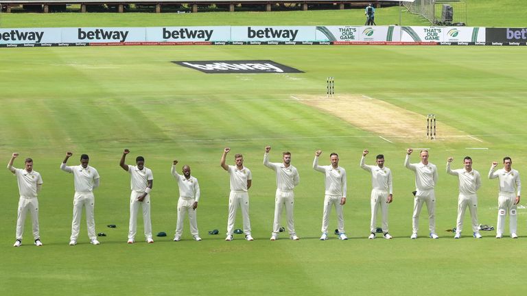 South Africa's players raise their fists in support of the Black Lives Matter movement ahead of the first Test against Sri Lanka