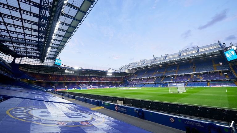 General view inside the stadium prior to the UEFA Champions League Group E stage match between Chelsea FC and Sevilla FC at Stamford Bridge on October 20, 2020 in London, England. Sporting stadiums around the UK remain under strict restrictions due to the Coronavirus Pandemic as Government social distancing laws prohibit fans inside venues resulting in games being played behind closed doors. (Photo by Mateo Villalba/Quality Sport Images/Getty Images)