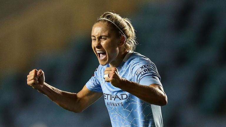 Steph Houghton of Manchester City Women celebrates at full time during the Vitality Women&#39;s FA Cup Semi Final match between Manchester City and Arsenal on October 1, 2020 in Manchester, England