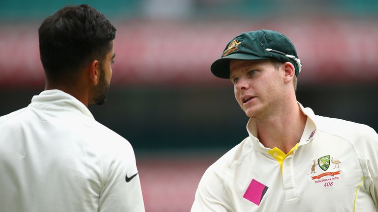 Steve Smith and Virat Kohli during day five of the Fourth Test match between Australia and India at Sydney Cricket Ground on January 10, 2015 in Sydney, Australia.