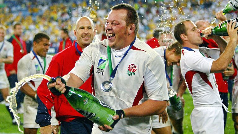 Steve Thompson celebrates winning the World Cup with England in 2003