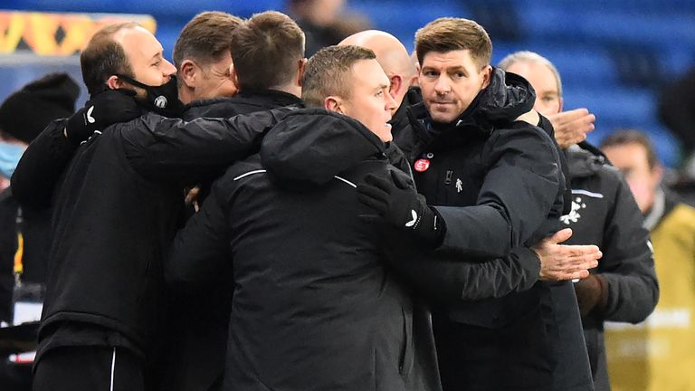 Steven Gerrard shows his delight at the final whistle against Standard Liege