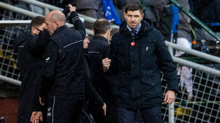 Steven Gerrard celebrates Rangers' win at Dundee United