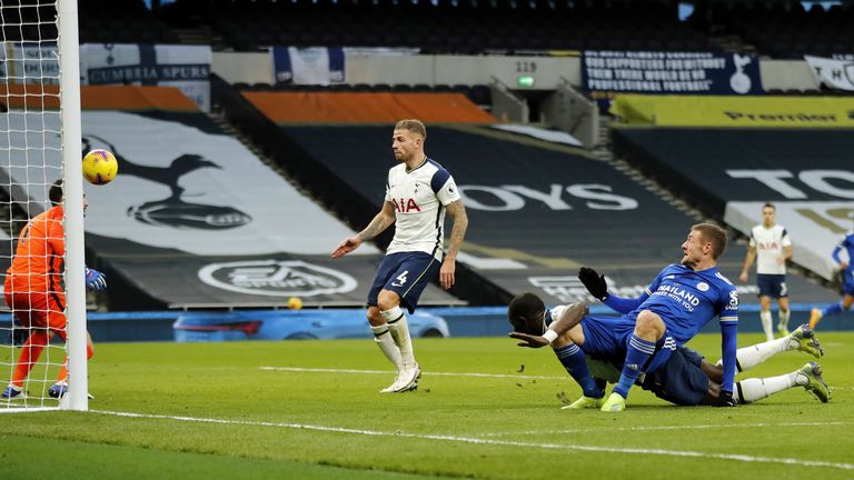 Toby Alderweireld deflects the ball into his own net from Jamie Vardy's downward header