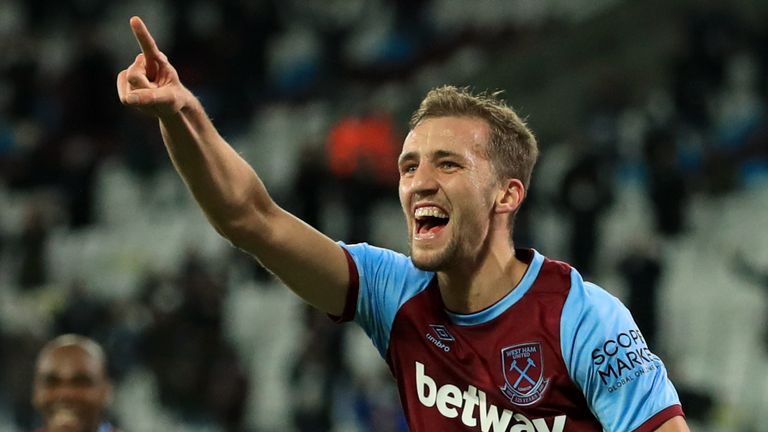 West Ham United's Tomas Soucek celebrates scoring against Manchester United