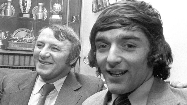 Manchester United manager Tommy Docherty and Scotland striker Lou Macari in 1973. Macari was a £200,000 signing from Celtic.