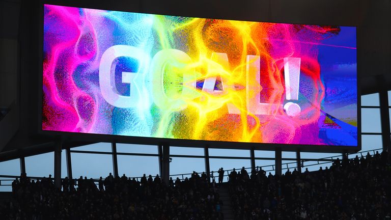 A goal is displayed on one of Tottenham Hotspur's four big screens in the Stonewall Rainbow Laces Campaign colours during the Premier League match between Tottenham Hotspur and Burnley at Tottenham Hotspur Stadium. (Final Score: Tottenham Hotspur 5 : 0 AFC Burnley) (Photo by Richard Calver / SOPA Images/Sipa USA)