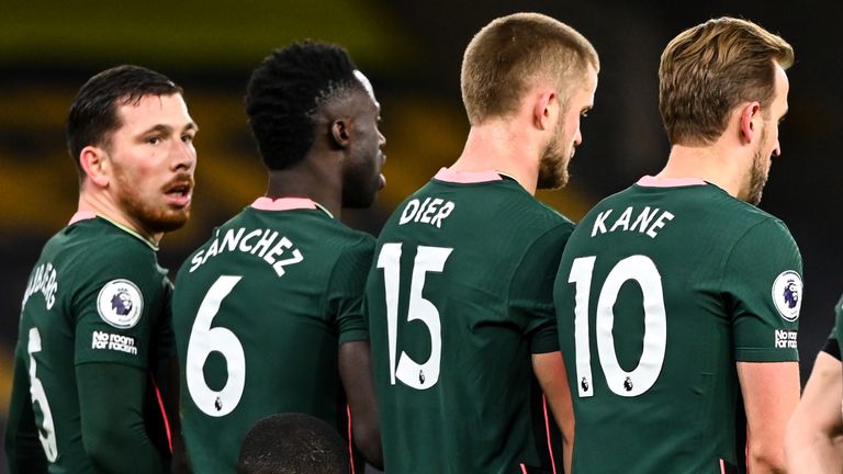 Tottenham players line up in the wall during their Premier League game against Wolves at Molineux in December 2020