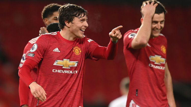 Victor Lindelof (centre) celebrates scoring his side's fourth goal of the game