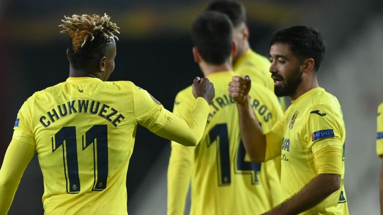 Samuel Chukwueze celebrates for Villarreal after scoring against Sivasspor
