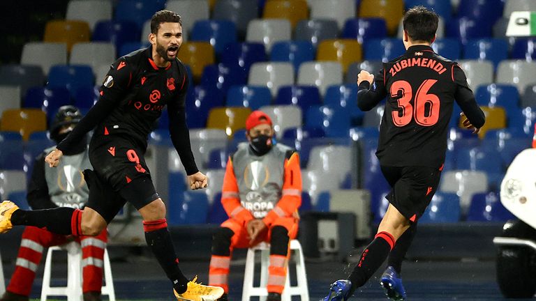 Willian Jose celebrates with his team mates after scoring his goal in Naples