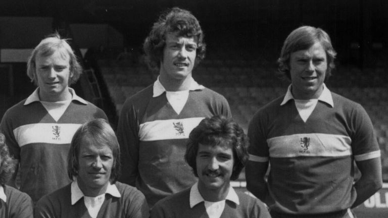 7th August 1974: Members of the Middlesbrough team after their promotion to the First Division, (back row, from left) Alan Foggon, P Brine, David Mills, Jim Platt, David Armstrong, Willie Maddren and Frank Spraggon, (front row, from left) Bobby Murdoch, Malcolm Smith, John Craggs, Stuart Boam, John Hickton and Graeme Souness. (Photo by Roger Jackson/Central Press/Getty Images)