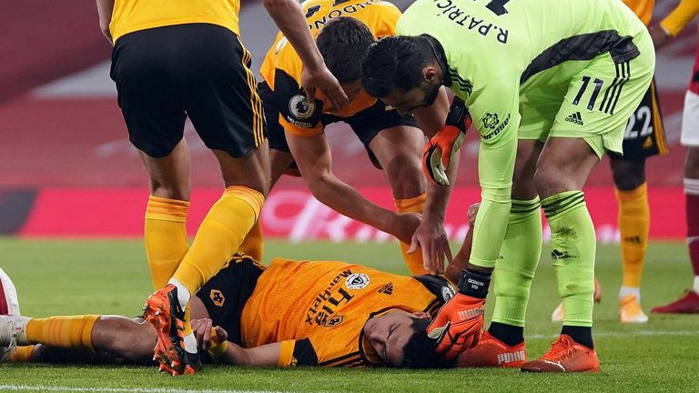 Wolves striker Raul Jimenez clashed with Arsenal's David Luiz early into the Premier League encounter between the two sides