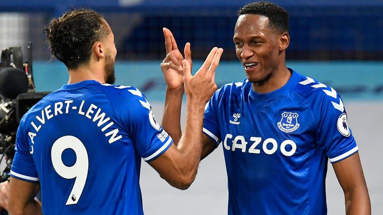Yerry Mina celebrates after restoring Everton's lead against Arsenal