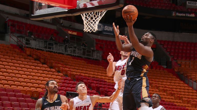 Zion Williamson of the New Orleans Pelicans shoots the ball against the Miami Heat during a preseason game