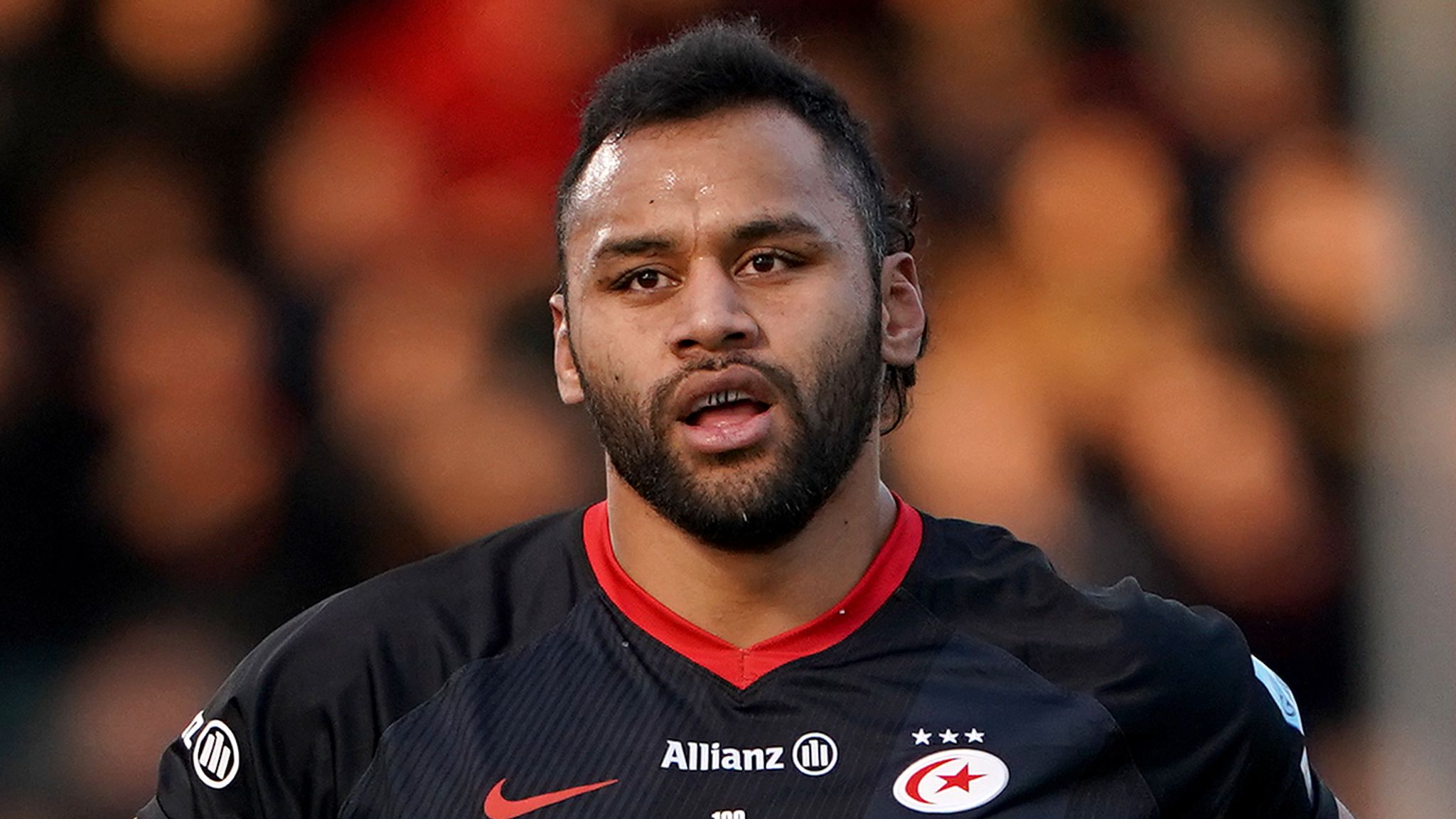 Billy Vunipola of Saracens reacts to supporters during the 2020 Greene King  IPA Championship 1st leg play off final match between Ealing Trailfinders  and Saracens at Castle Bar, West Ealing, England on