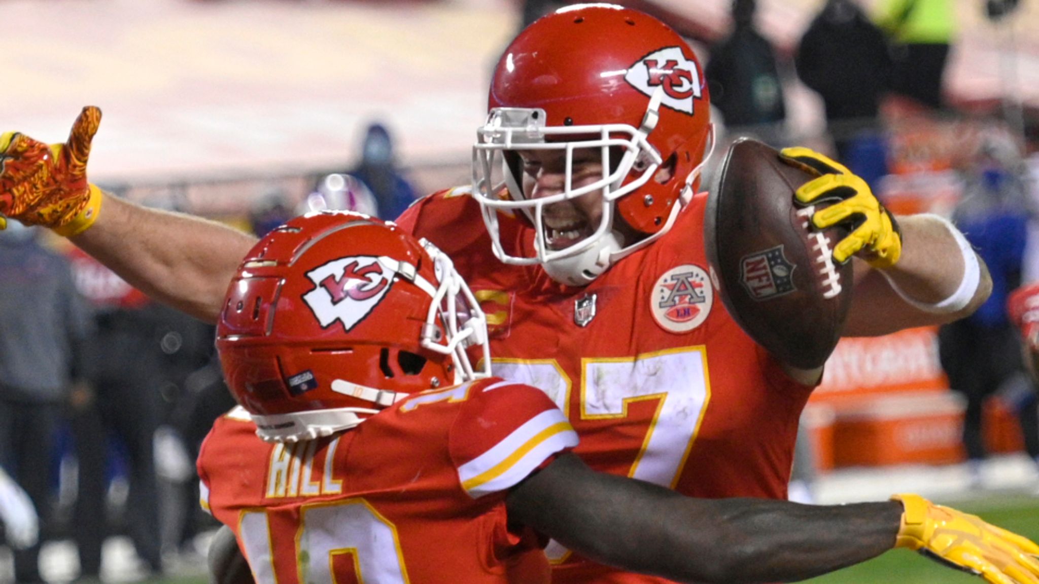 Buffalo Bills vs. Kansas City Chiefs. NFL Game. American Football League  match. Silhouette of professional player celebrate touch down. Screen in  back Stock Photo - Alamy