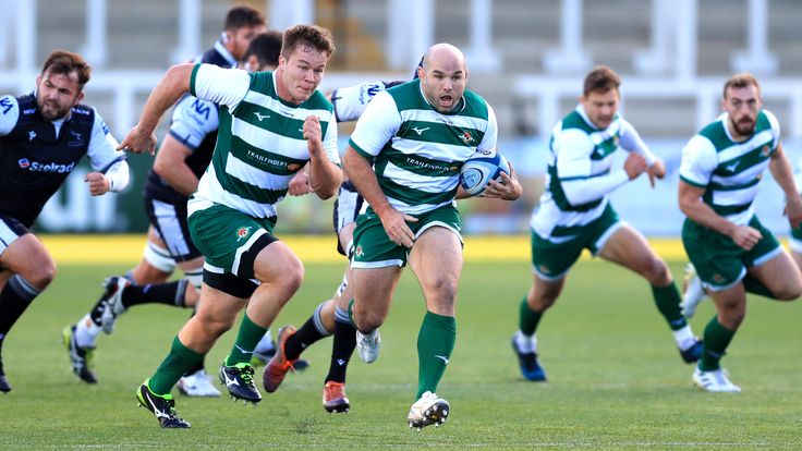 NEWCASTLE UPON TYNE, ENGLAND - NOVEMBER 13: Max Bodilly of Ealing Trailfinders breaks away during the Pre-season friendly match between Newcastle Falcons and Ealing Trailfinders on November 13, 2020 in Newcastle upon Tyne, England. (Photo by George Wood/Getty Images)