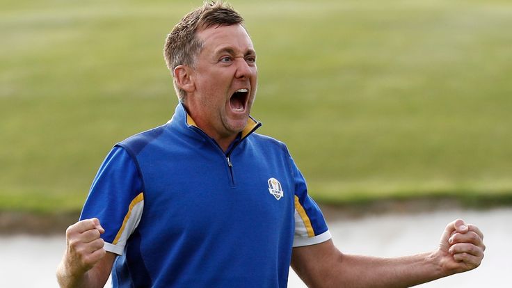 Europe's Ian Poulter celebrates after beating Dustin Johnson of the US during a singles match on the final day of the 42nd Ryder Cup at Le Golf National in Saint-Quentin-en-Yvelines, outside Paris, France, Sunday, Sept. 30, 2018.  (AP Photo/Laurent Cipriani)..