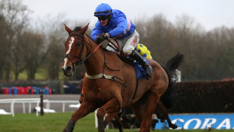 Secret Reprieve ridden by Adam Wedge goes on to win the Coral Welsh Grand National Handicap Chase at Chepstow Racecourse.