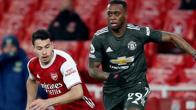  Aaron Wan-Bissaka and Gabriel Martinelli in Premier League action (AP)