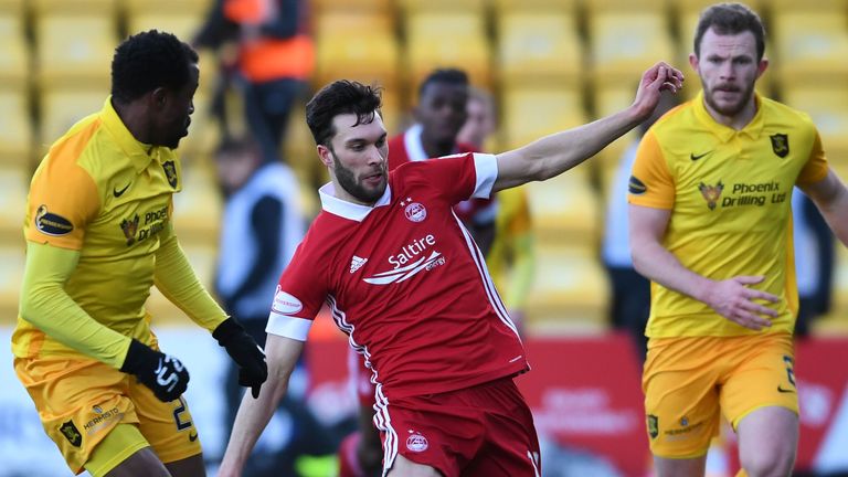 LIVINGSTON, SCOTLAND - JANUARY 30: Aberdeen's Connor McLennan (centre) in action with Efe Ambrose (L) and Nicky Devlin of Livingstone during a Scottish Premiership match between Livingston and Aberdeen at the Tony Macaroni Arena, on January 30, 2021, in Livingston, Scotland. (Photo by Craig Foy / SNS Group)