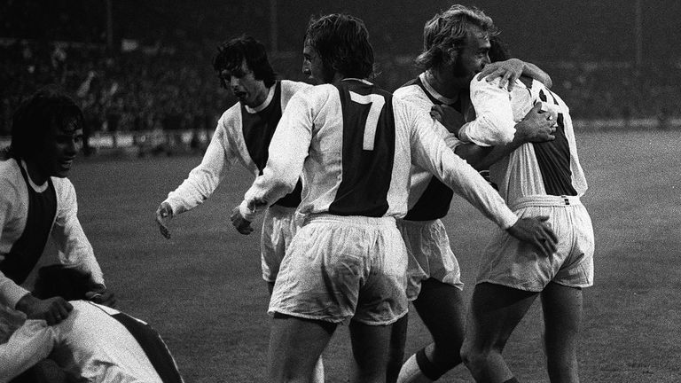 Johan Cruyff celebrates with team mates after Arie Haan scored for Ajax in the European Cup Final against Panathinaikos at Wembley.