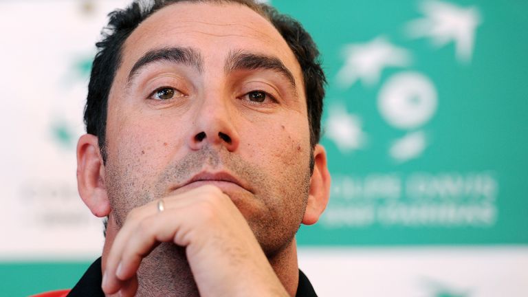 Albert Costa talks during a media conference in Charleroi, Belgium, Tuesday March 1, 2011. Spain will play against Belgium for the Davis Cup World Group Round 1 on 4, 5 and 6 March 2011. (AP Photo/Geert Vanden Wijngaert)