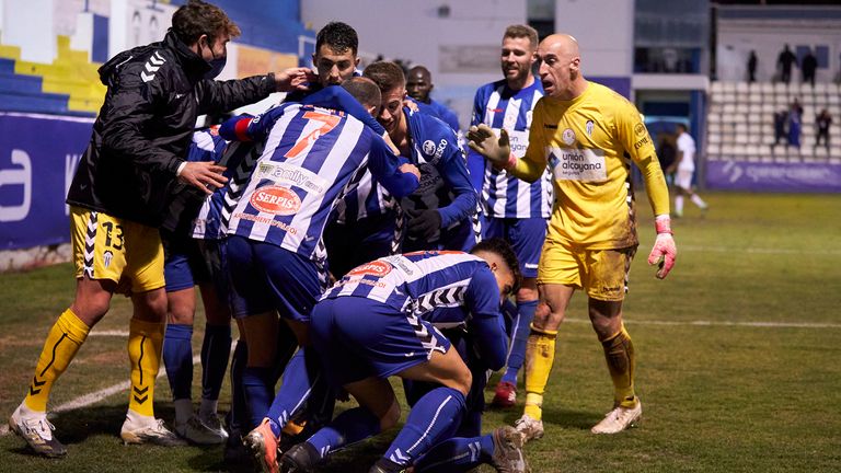 The entire Alcoyano celebrate after taking the lead against Real Madrid deep into extra-time