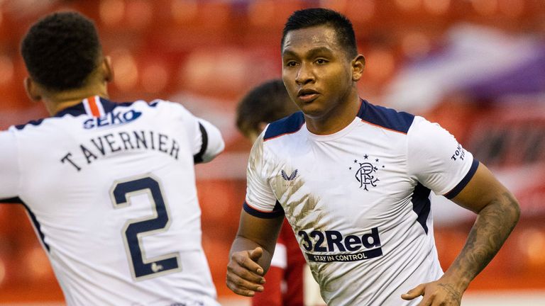 Alfredo Morelos celebrates after giving Rangers a 1-0 lead at Aberdeen