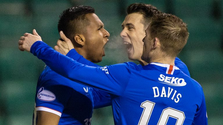 Rangers&#39; Alfredo Morelos (left) celebrates the opener with team-mates during a Scottish Premiership match between Hibernian and Rangers at Easter Road, on January 27, 2021, in Edinburgh, Scotland (Photo by Craig Williamson / SNS Group)