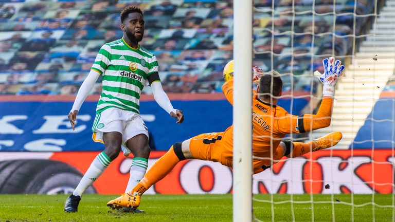 Allan McGregor makes an early save from Odsonne Edouard