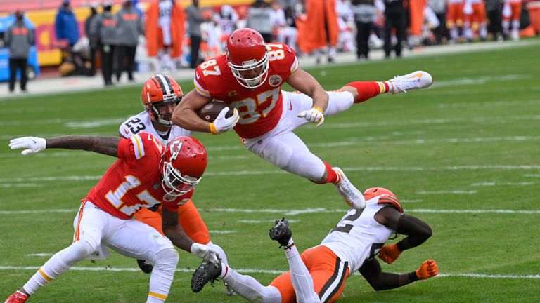 Tight end Travis Kelce leapt over the Cleveland defence for the touchdown as defending champions Kansas City extended their lead in the second quarter.