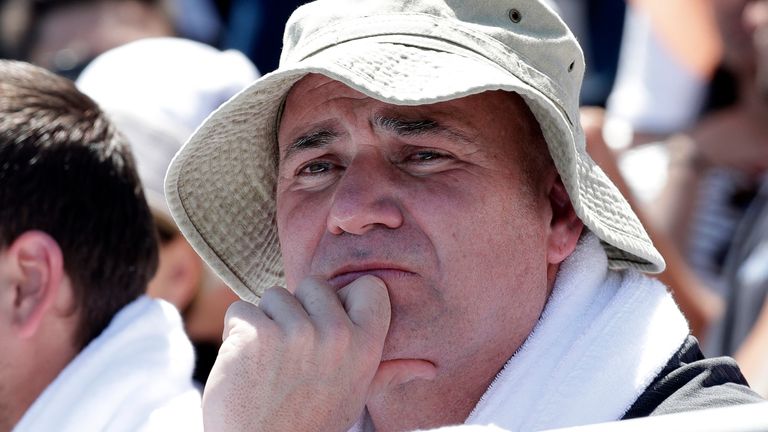 Andre Agassi, coach of Bulgaria's Grigor Dimitrov watches his first round match against Serbia's Janko Tipsarevic at the Australian Open tennis championships in Melbourne, Australia, Monday, Jan. 14, 2019. (AP Photo/Kin Cheung)