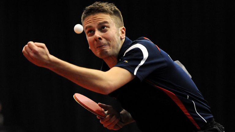 Andrew Baggaley serves during his men's singles quarter final match against Liam Pitchford during day three of the ETTA National Championships at Ponds Forge, Sheffield.