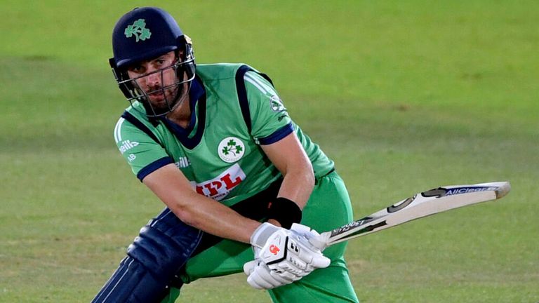 Ireland captain Andrew Balbirnie, left, bats during the third One Day International, ODI, cricket match between England and Ireland, at the Ageas Bowl in Southampton, England, Tuesday Aug. 4, 2020. (Mike Hewitt/Pool via AP)