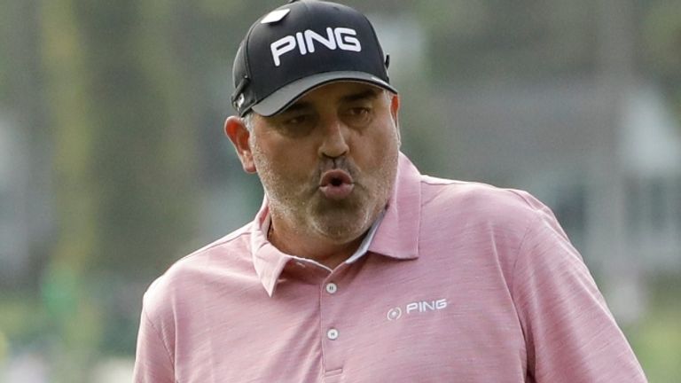 Angel Cabrera, of Argentina, reacts to his putt on the first hole during the first round for the Masters golf tournament Thursday, April 11, 2019, in Augusta, Ga. (AP Photo/Marcio Jose Sanchez)